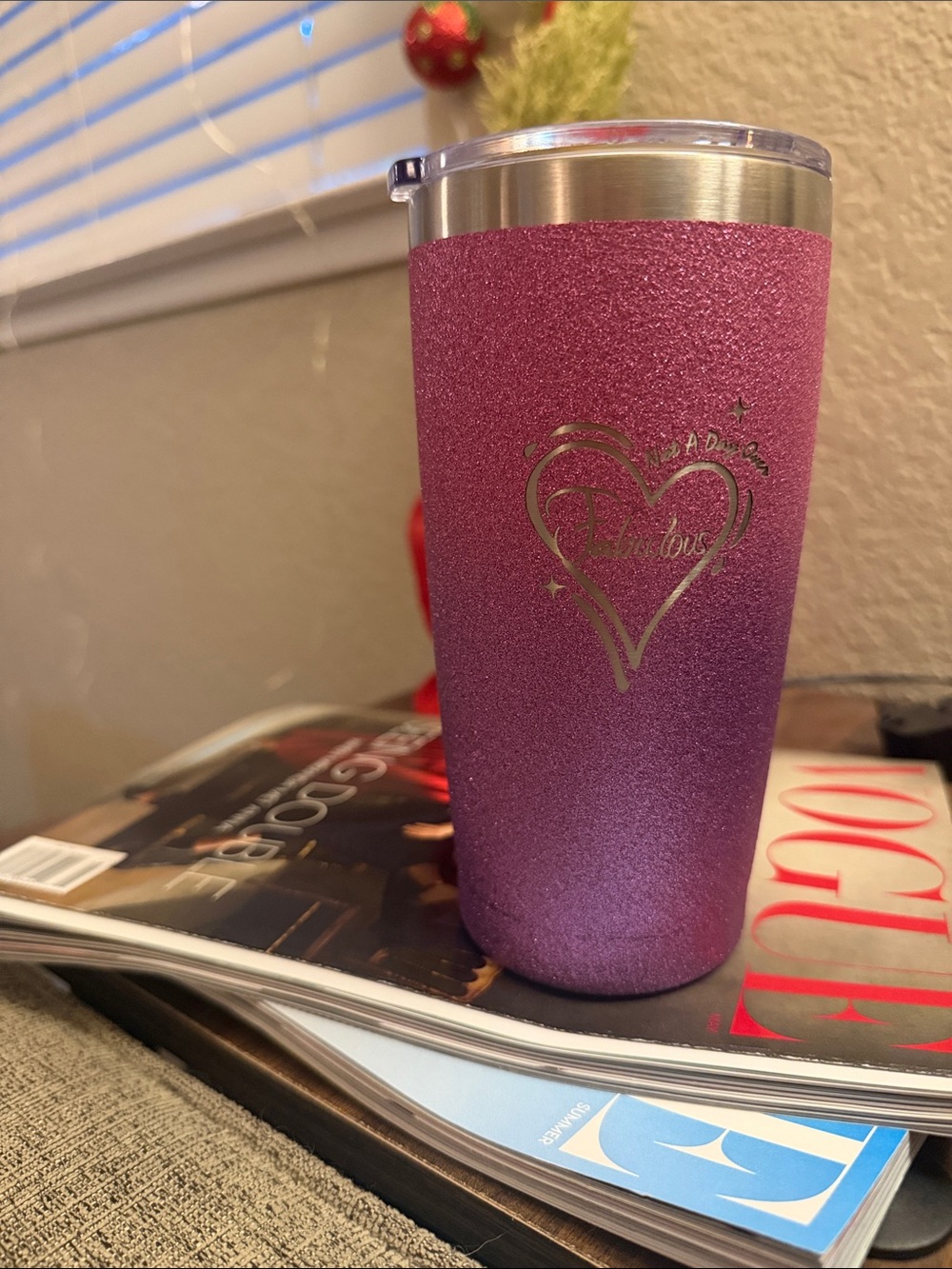 Pink Glitter Stainless Steel Tumbler with Heart Design